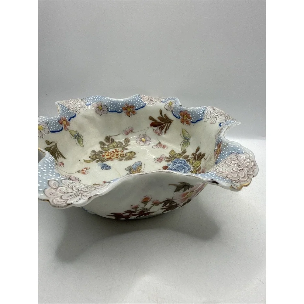 Vintage D&M NY Asian Style Porcelain Satsuma Cabbage Bowl Stamped Scalloped
